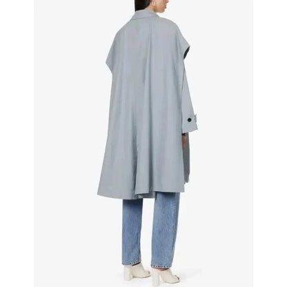 Elegant gray blue bat sleeve trench coat with double-breasted design, offering timeless style and modern comfort