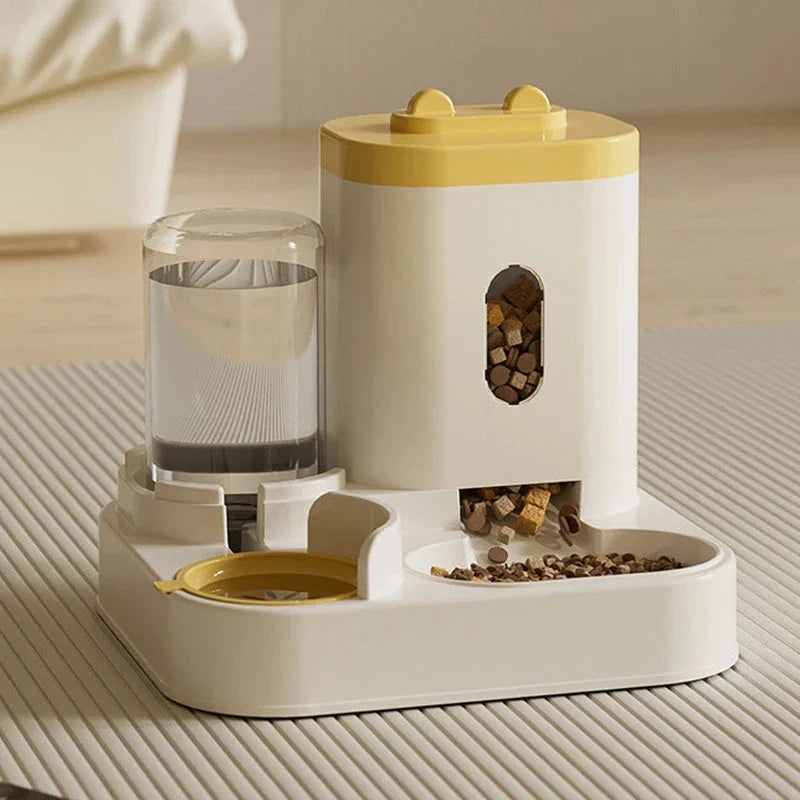 Automatic 2-in-1 Pet Feeder and Water Dispenser in various colors - grey, yellow, blue, and pink - with large capacity and self-refilling design