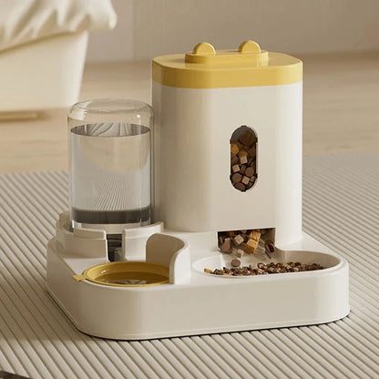 Automatic 2-in-1 Pet Feeder and Water Dispenser in various colors - grey, yellow, blue, and pink - with large capacity and self-refilling design