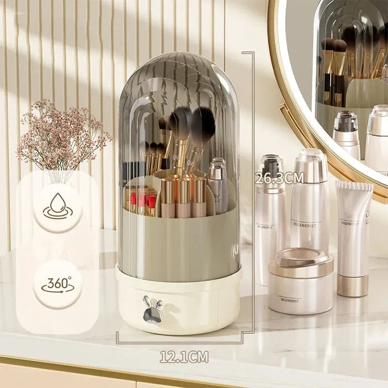 A 360-degree rotating makeup brush holder with a convenient drawer for storing brushes and other small makeup items