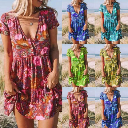 A stylish women's dress with a vibrant printed pattern, V-neck, and short sleeves.
