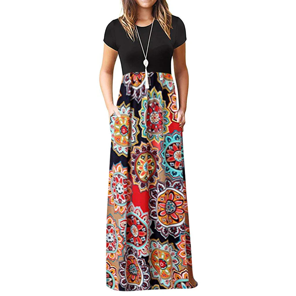 Stylish Bohemian dress with a vibrant collage-inspired print and milk silk fabric