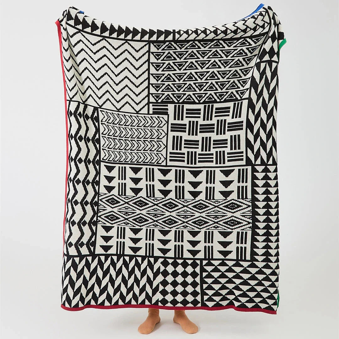 Cozy Geometric Cotton Blanket in Black and Gray with Vibrant Stripe Trim