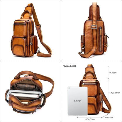 Men's casual first layer cowhide small chest bag in light brown color, featuring a compact and versatile design for everyday use