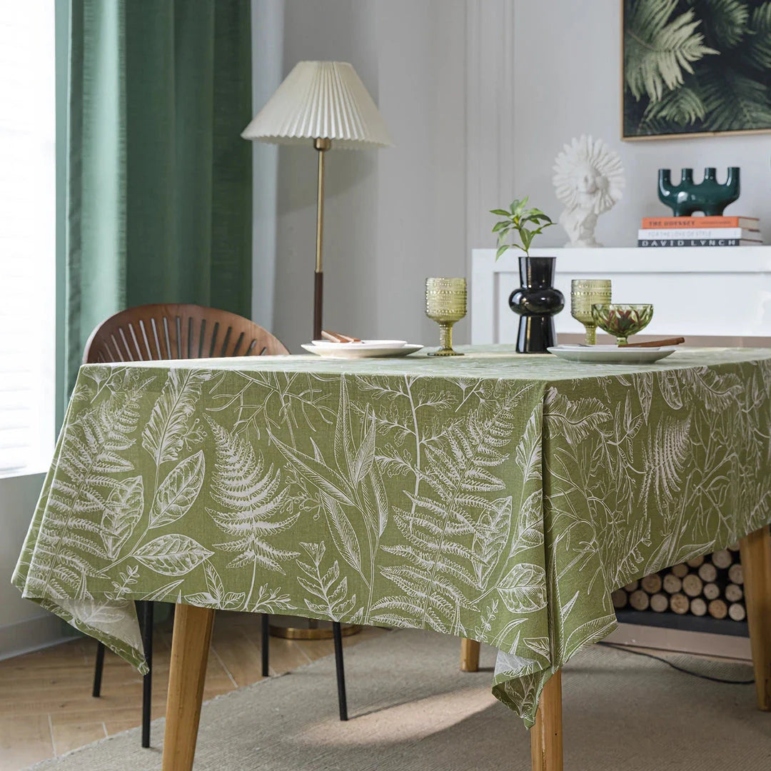 Green Leaf Sketching Dining Table Cloth with a charming jacquard weave and printed leaf pattern