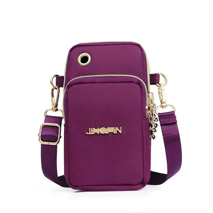 Fashionable women's crossbody phone bag with multi-function pockets and headphone plug for hands-free music access