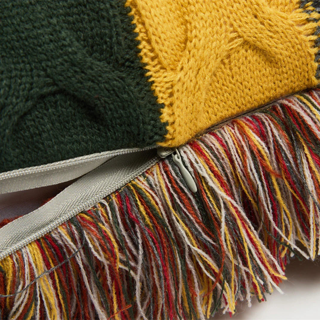 Boho Decorative Wool Knitted Fringed Pillow in Multicolor, Plush Cushion for Sofa and Bed Decor