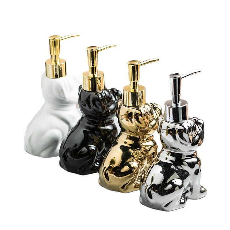 Premium 280ML ceramic dog-shaped soap dispenser with elegant gold and silver finishes for luxurious bathroom decor