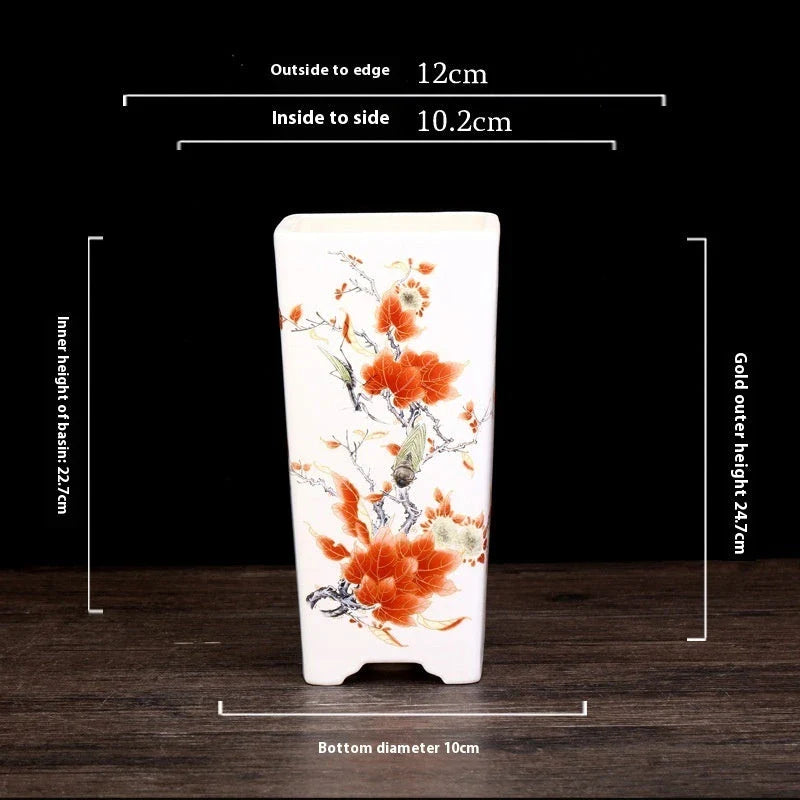Elegant square ceramic planter in white with a Chinese-inspired design, suitable for indoor plants like asparagus fern and orchid.