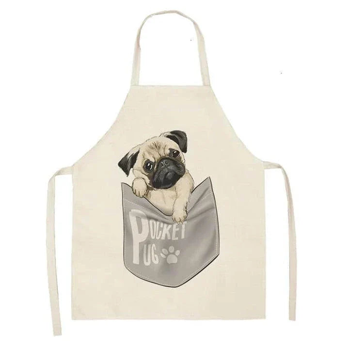 Charming pug-themed apron with a vibrant print, made of durable cotton and linen materials for practical kitchen use.