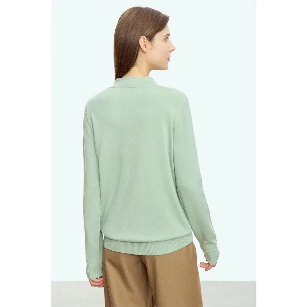 Chic Minimalist U-Collar Long Sleeve Pullover in Green and Purple colors, featuring a unique design and cozy blend of materials.
