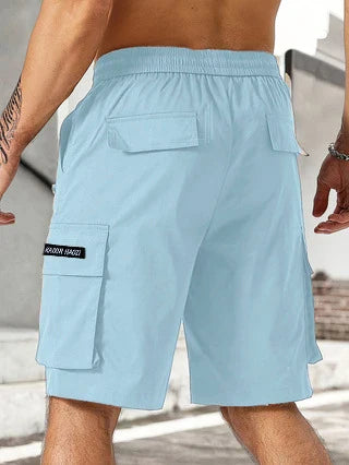 Drawstring waist men's workwear shorts with multiple pockets in various colors