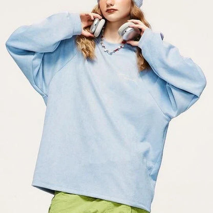 Cozy Embossed Faux-Suede Long-Sleeve T-Shirt in Blue with Unique Textured Design