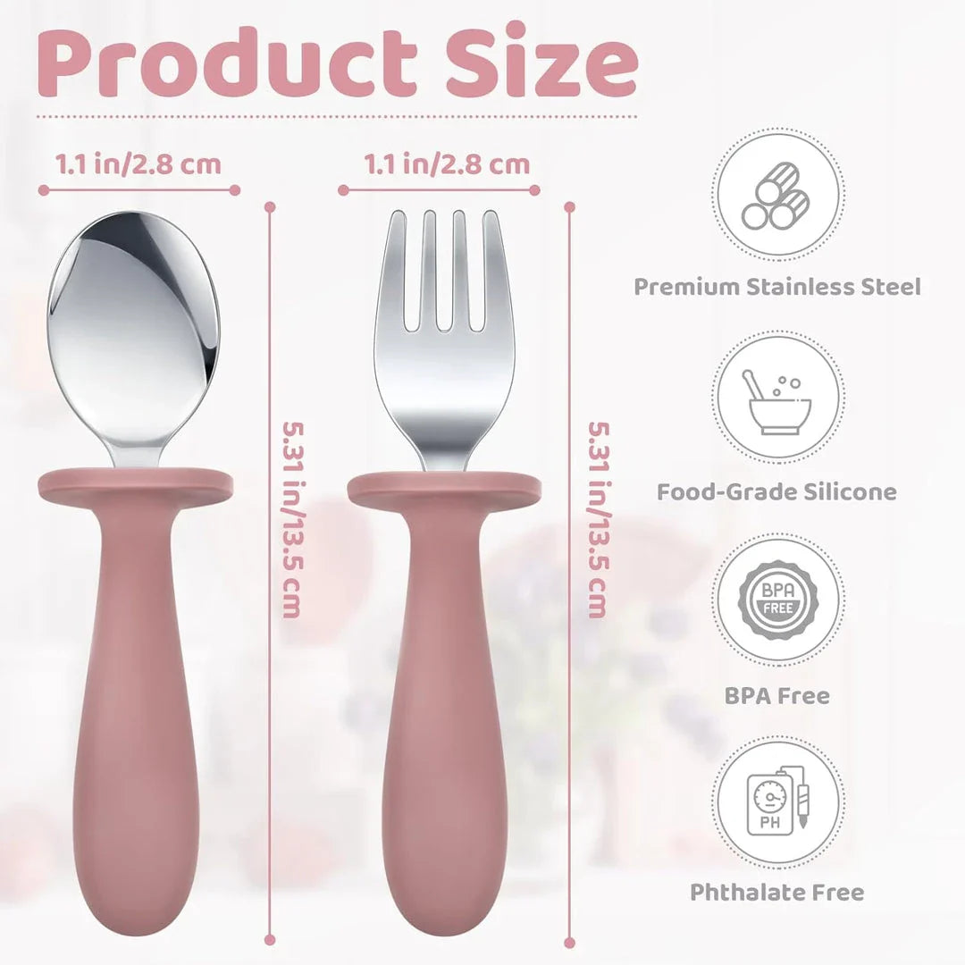 Cartoon Stainless Steel Kids' Cutlery Set with spoon and fork in playful designs, perfect for toddler and child mealtime