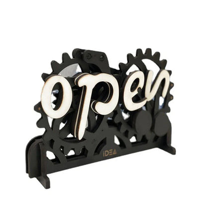 Rustic wooden open/closed sign with manual gear mechanism, suitable for home, office, or retail use
