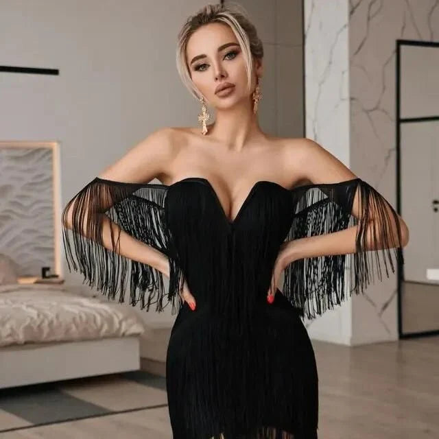 Elegant tassel-embellished bodycon mini dress in black, red, and white colors for glamorous occasions