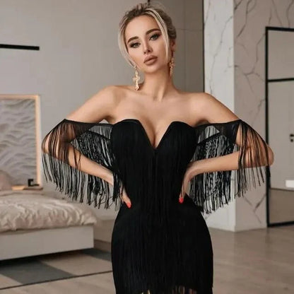 Elegant tassel-embellished bodycon mini dress in black, red, and white colors for glamorous occasions