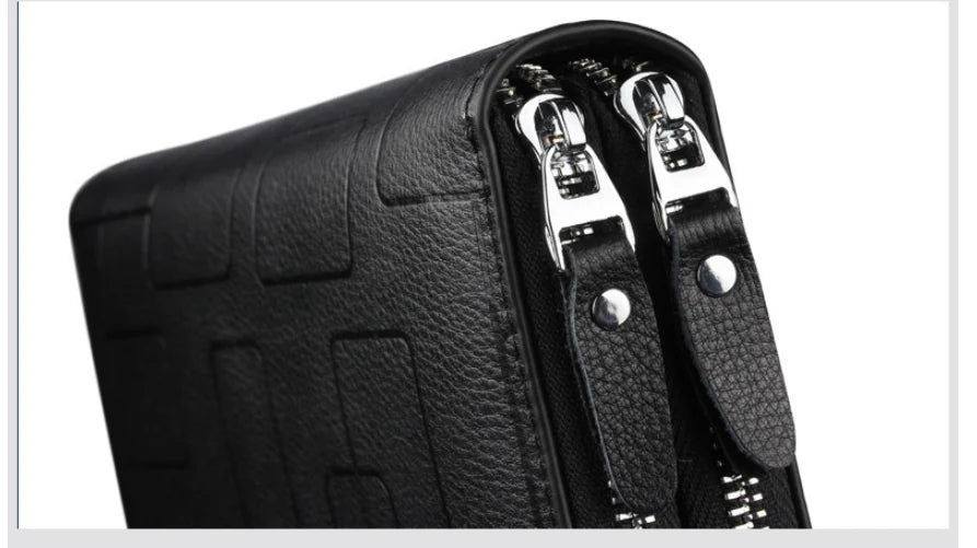 Premium genuine leather men's wallet with long zipper, card slots, and banknote clip for organized everyday carry