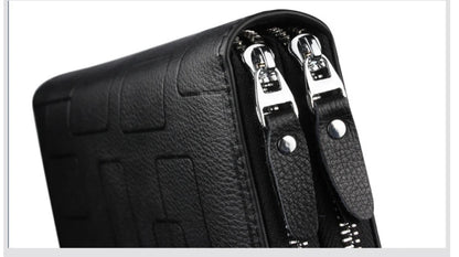 Premium genuine leather men's wallet with long zipper, card slots, and banknote clip for organized everyday carry
