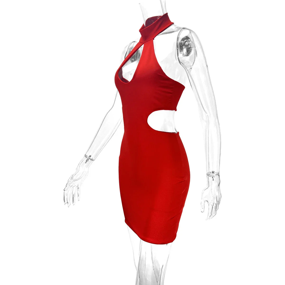 Backless midi skirt with halter neckline and trendy cutouts, available in white, black, and red colors