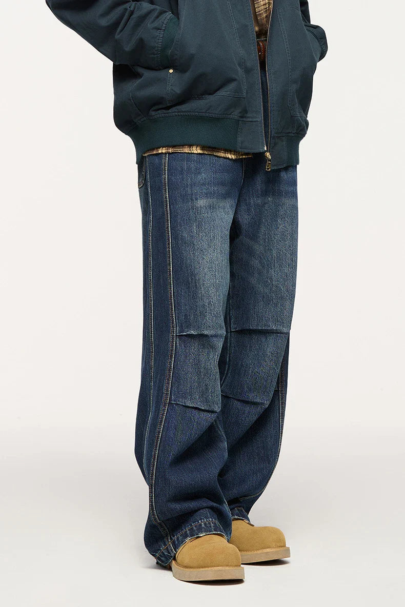 Men's relaxed fit retro straight-leg jeans in black, gray, and denim blue with vintage-inspired details