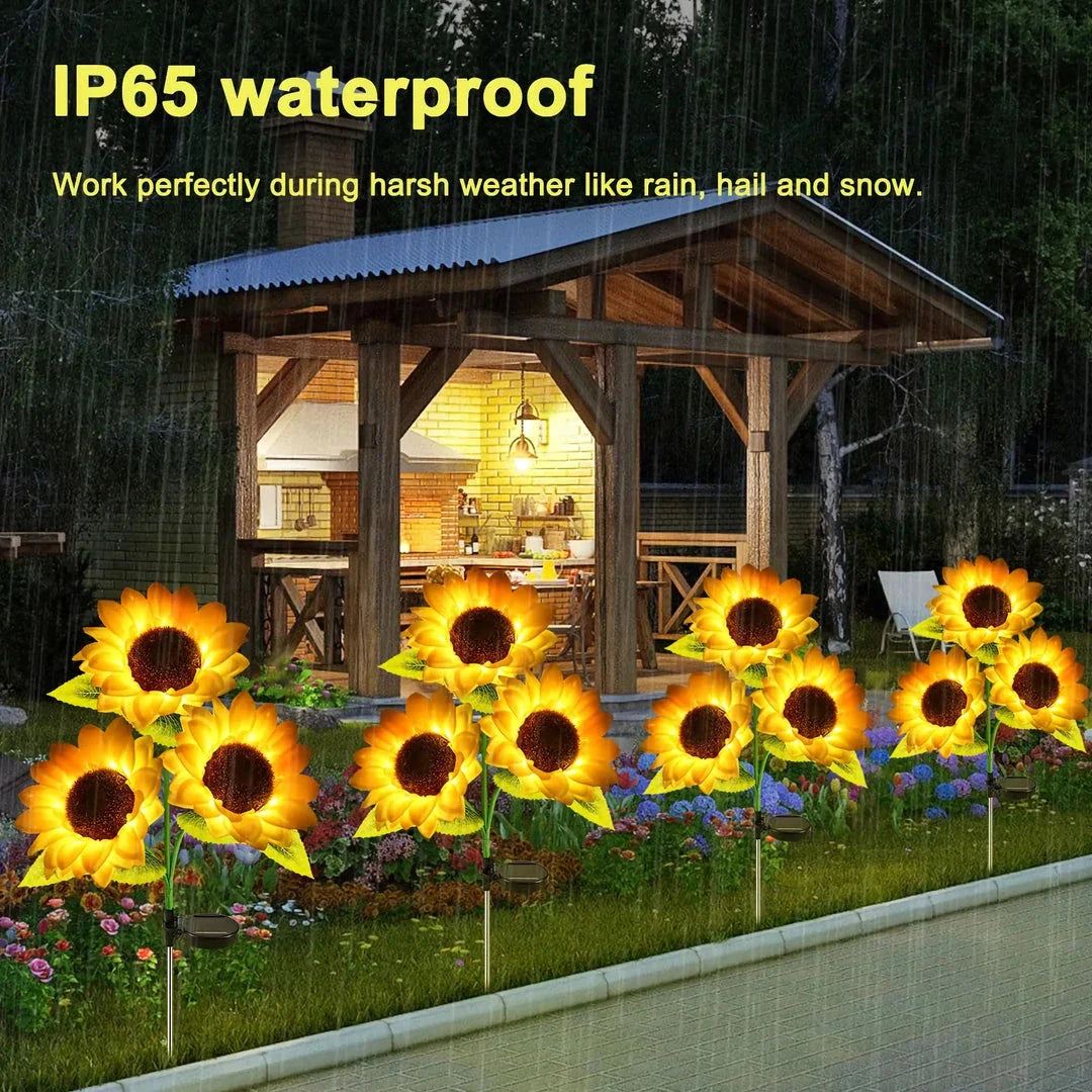 Realistic solar-powered sunflower garden lights for outdoor decor, illuminating a patio or backyard with a warm, enchanting glow.