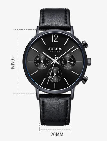 A sophisticated multi-function quartz watch with a sleek design, water-resistant construction, and versatile features.