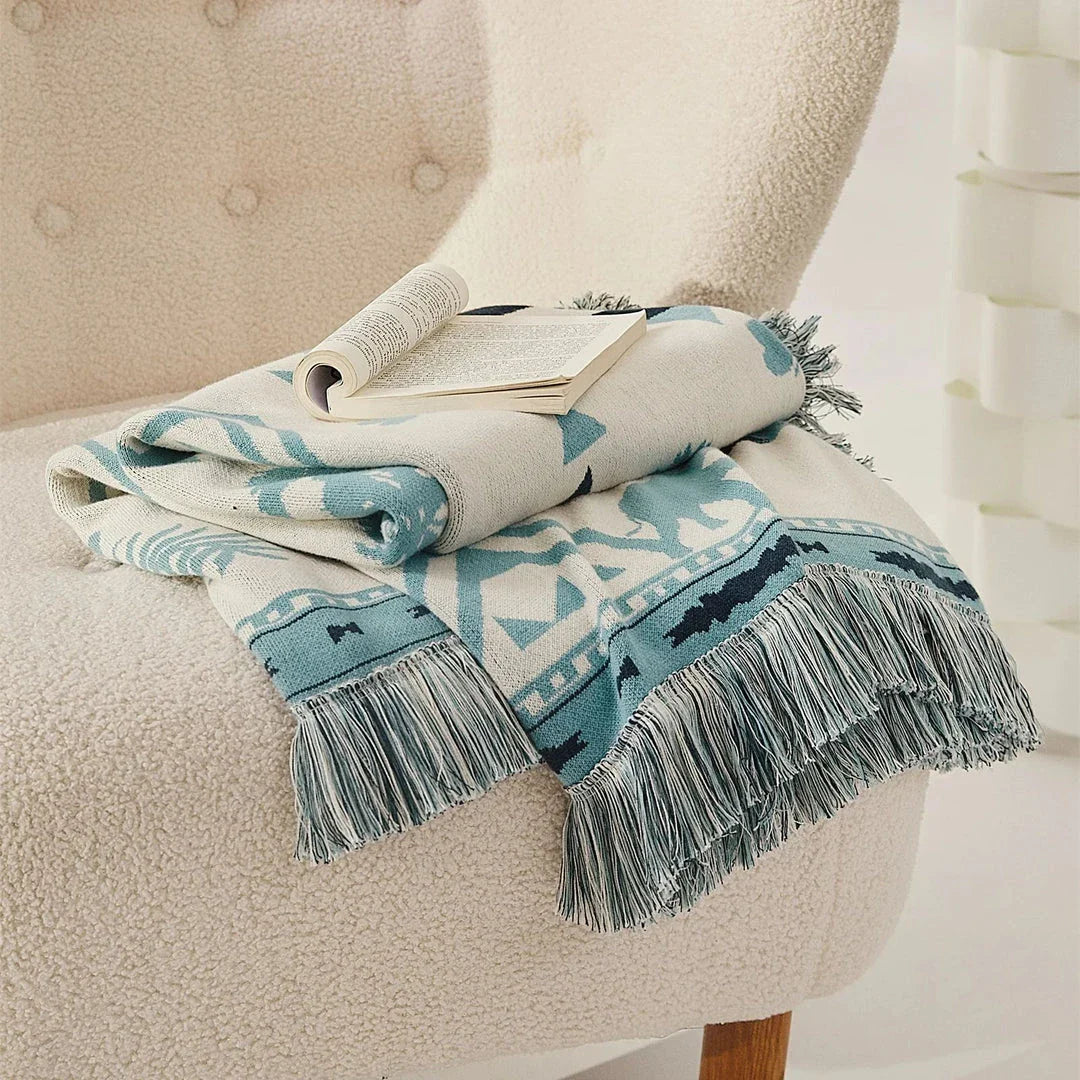 Cozy Bohemian Selva Cotton Knitted Blanket in Blue and Yellow Colors