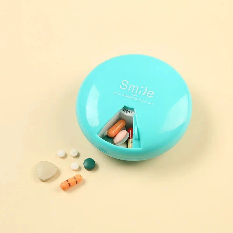 Compact Portable Travel Pill Organizer with seven labeled compartments for organizing daily medications and supplements