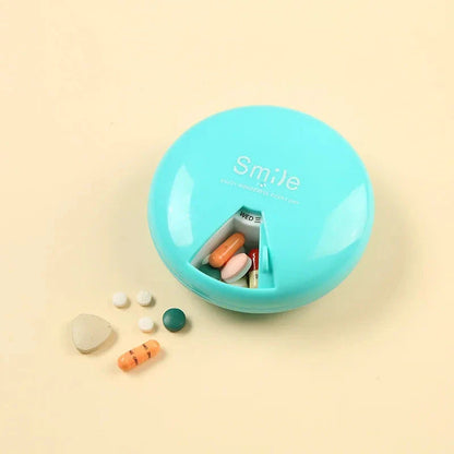 Compact Portable Travel Pill Organizer with seven labeled compartments for organizing daily medications and supplements