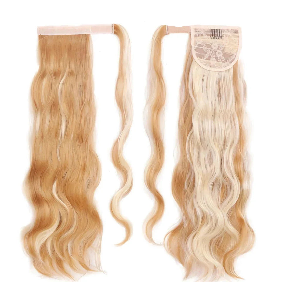 Glamorous blonde wavy clip-in ponytail for a Hollywood-inspired hairstyle