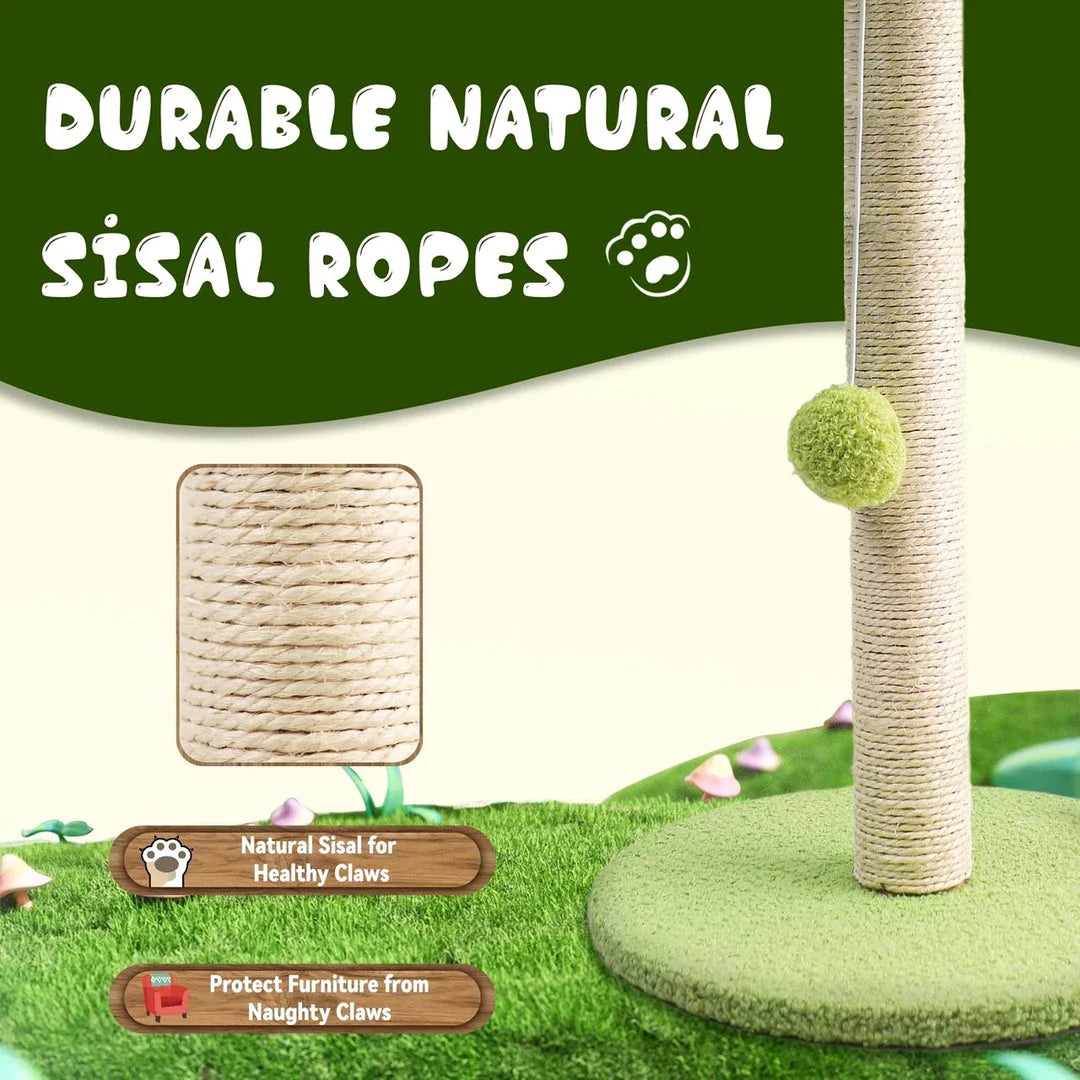 A natural-inspired cat scratching post with green leaves and interactive toys, providing a safe and engaging scratching surface for your feline companion.