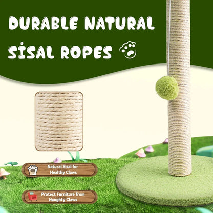 A natural-inspired cat scratching post with green leaves and interactive toys, providing a safe and engaging scratching surface for your feline companion.