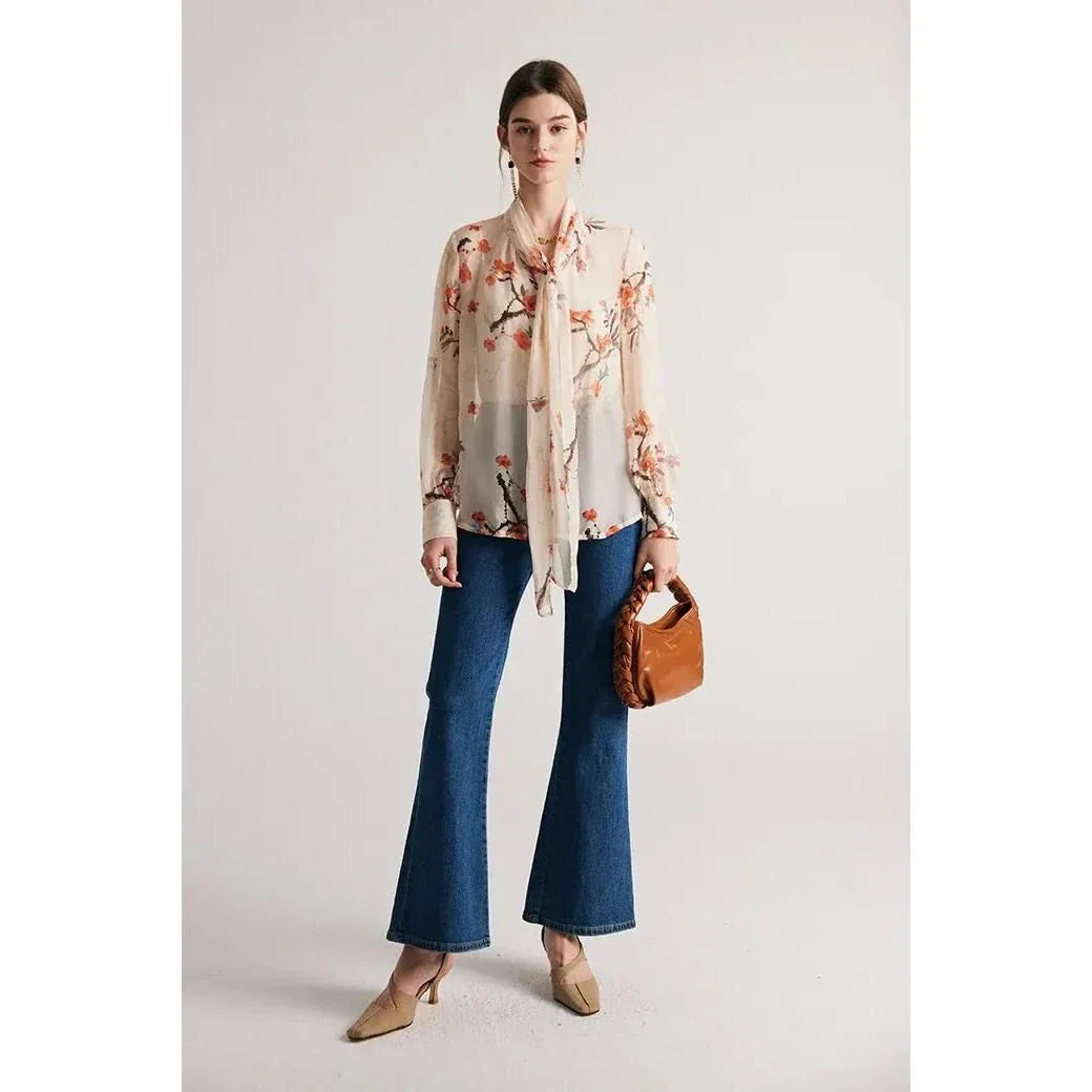 Elegant floral silk blend bow collar blouse with puff sleeves for modern women