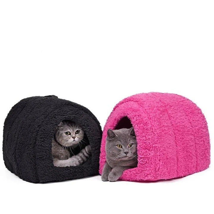 Arch-shaped cotton cat house with raised platform for cozy resting spot