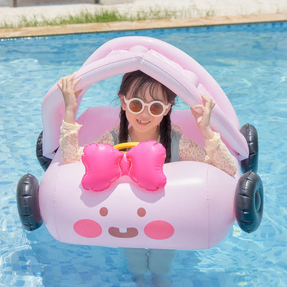 Inflatable car-themed swimming seat ring for kids with detachable sunshade and vibrant yellow color