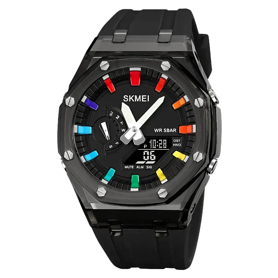 A durable, waterproof digital sports watch with LED lighting for easy reading in any conditions