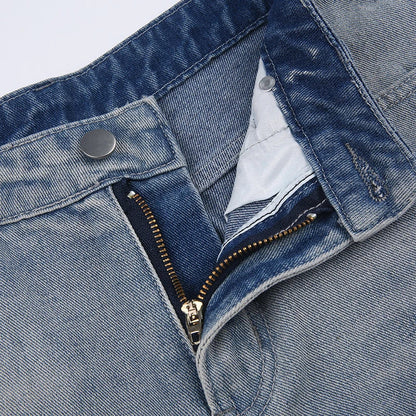 Premium embroidered high-rise straight leg denim jeans in a classic blue color
