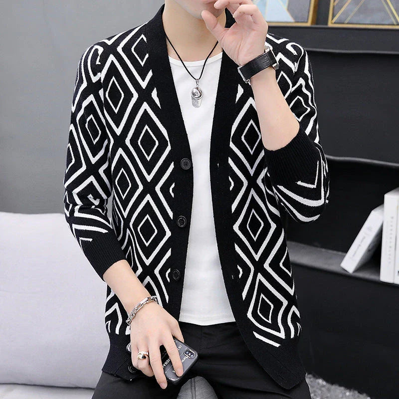 Premium knitted cardigan sweater for men in various classic color options, featuring a soft, comfortable blend of materials and a modern, tailored fit.