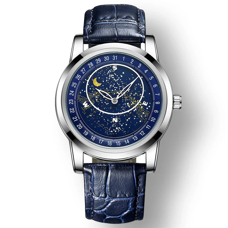 Gypsophila Men's Quartz Luminous Waterproof Fashion Business Watch with Blue Dial and Leather Strap