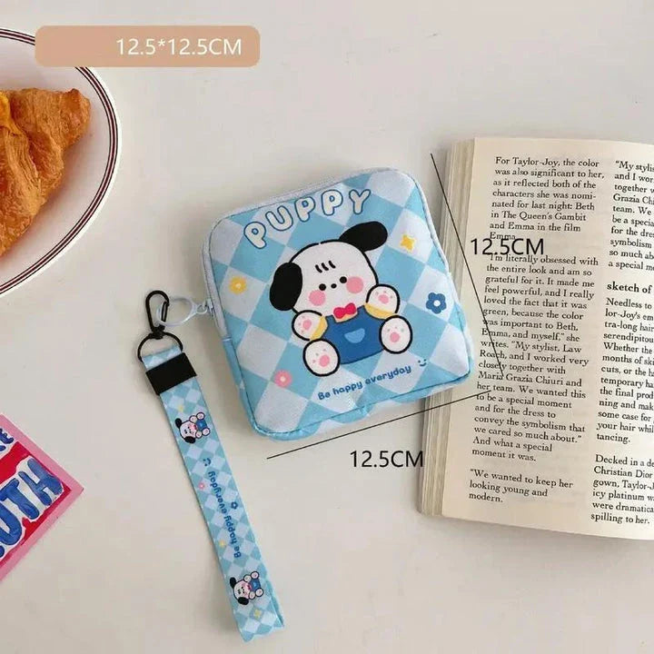 Adorable cartoon nylon cosmetic bag with secure zipper closure and compact, box-shaped design