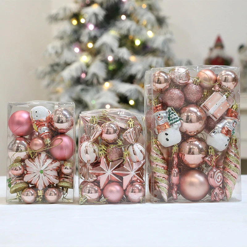Rose gold Christmas ornaments in a gift box, including gourds and candy canes, for elegant holiday decor