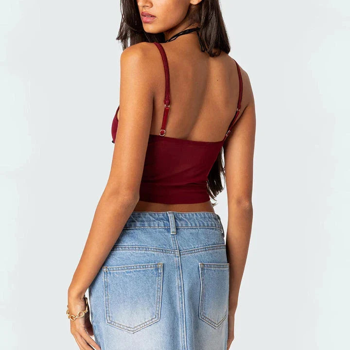 Chic mesh slim camisole top in claret color with floral appliqué design, perfect for summer wear