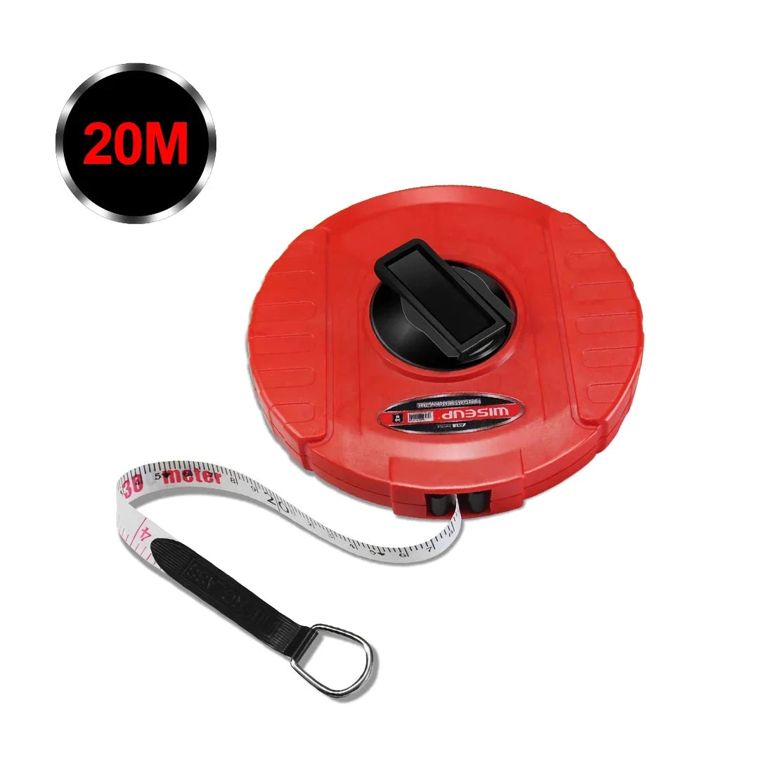 Heavy-duty fiberglass tape measure with double-sided printing and smooth manual crank for precise measurements in woodworking and construction projects