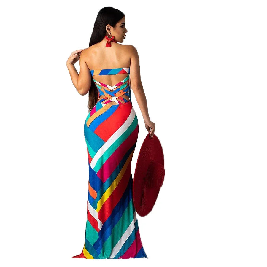 Premium halter dress with vibrant printed design, flattering silhouette, and breathable polyester fabric