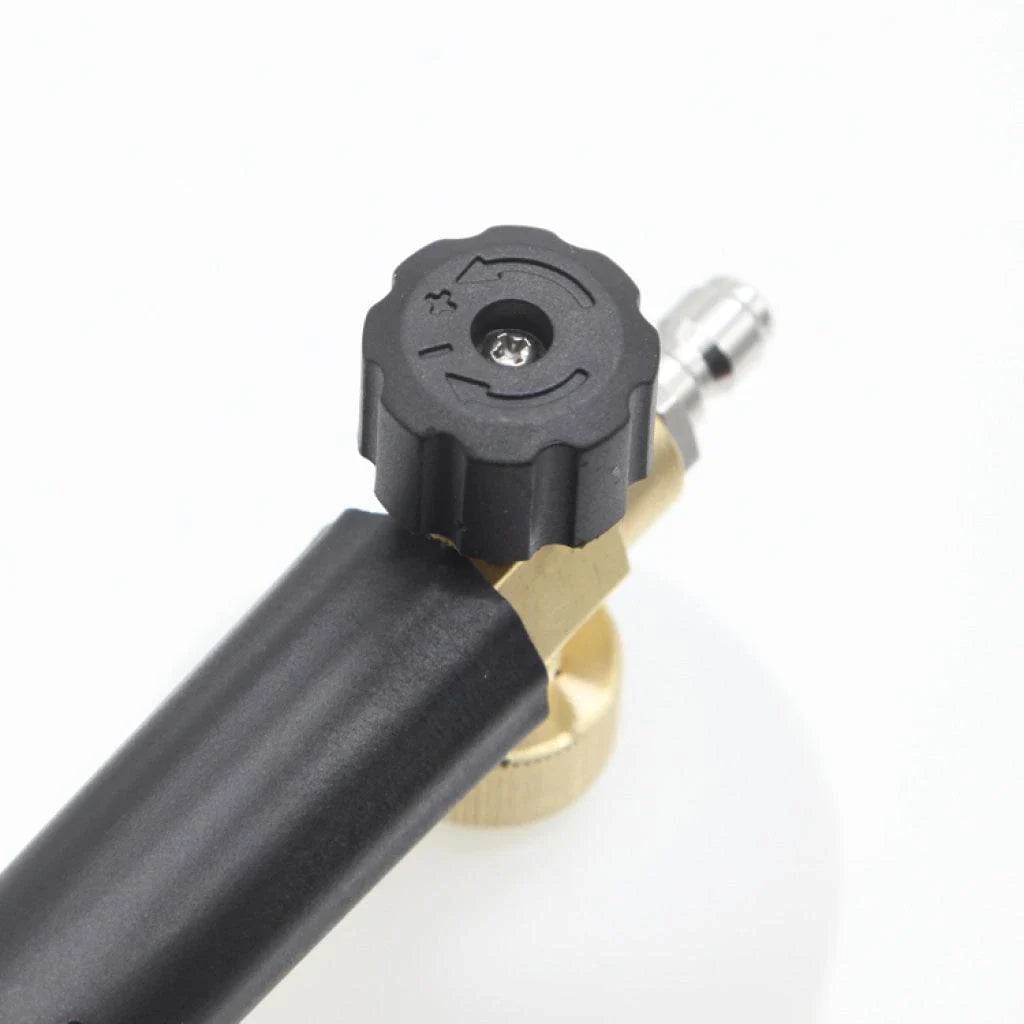 A compact, plastic car wash foam-generating tank with a copper connector to attach to a standard garden hose.