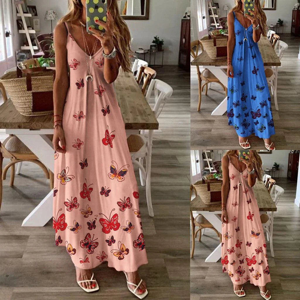 Stylish butterfly print high-waist dress with flowy, swing-style skirt and lightweight, breathable polyester fabric