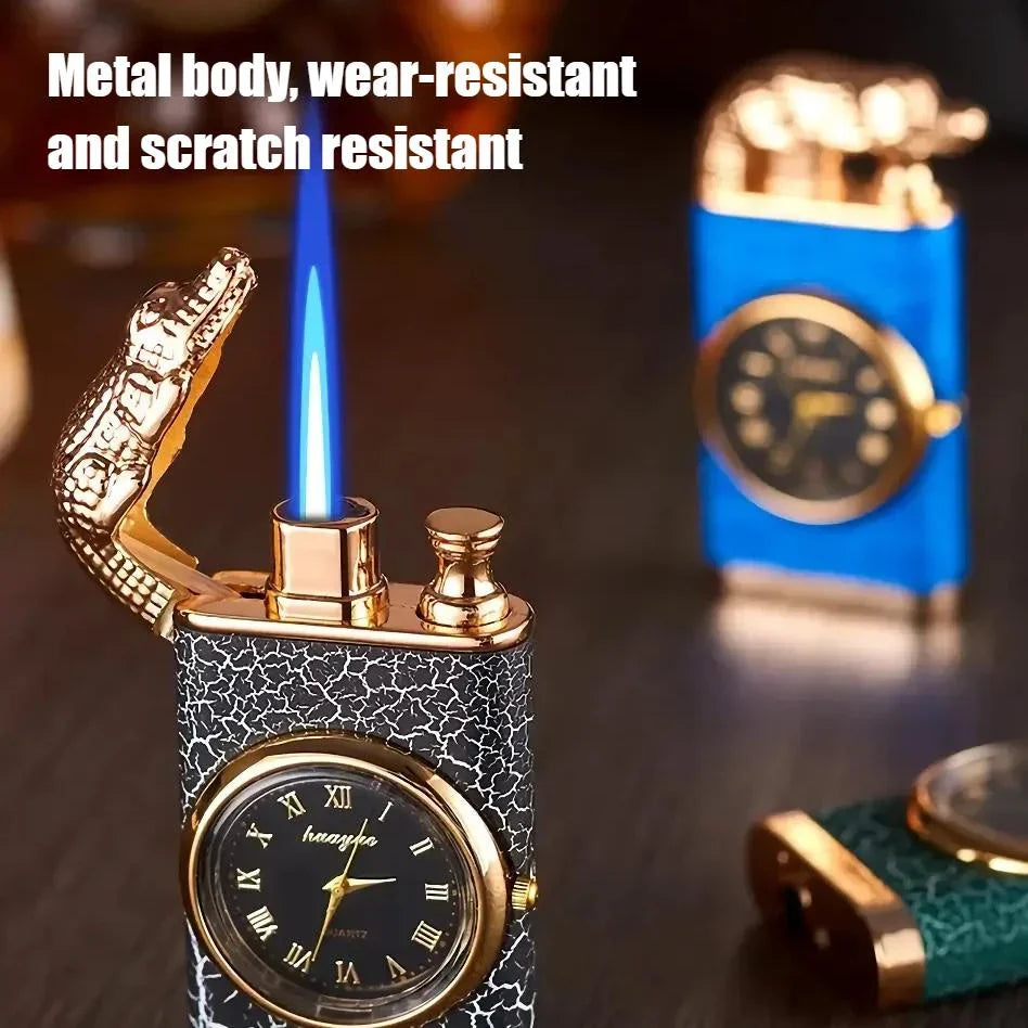 Premium dual-flame metal lighter with a distinctive crocodile head design, providing both style and functionality for outdoor and indoor use.