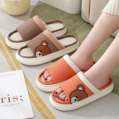 Cozy cartoon bear design linen slippers with non-slip, breathable sole for comfortable indoor wear
