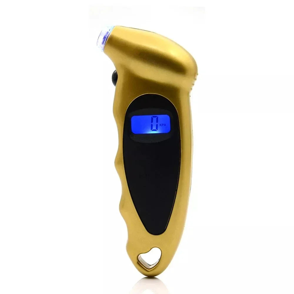 Digital tire pressure gauge with backlit LCD display, showing accurate readings in multiple units for various vehicle types.